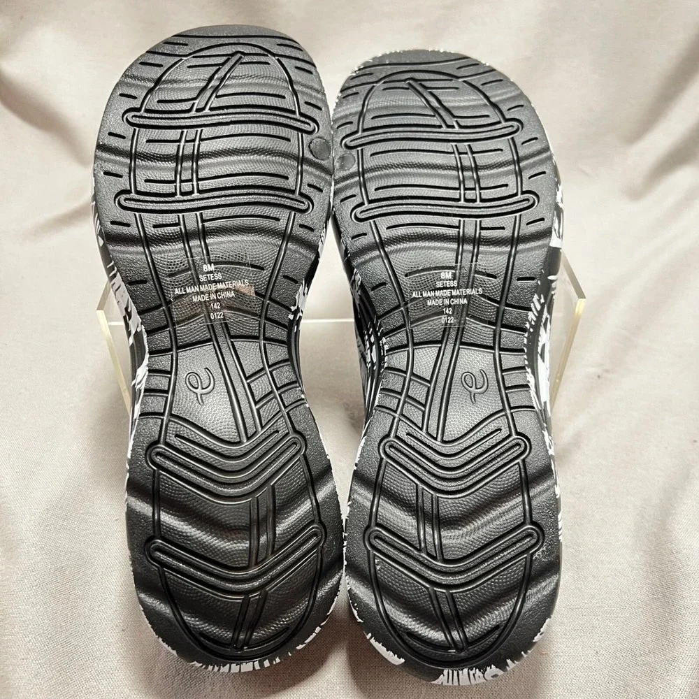 Easy‎ Spirit Tess Slides Comfort Sandals Black White Palm Print Tropical 8M